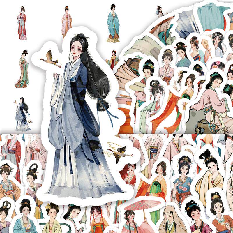 速发63张古风少女贴纸中国风新中式旗袍汉服美女装饰笔记本文艺防