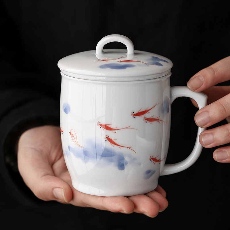 速发纯手绘墨用鱼戏办公杯过滤茶叶喝茶陶瓷杯子家画水杯带盖中式