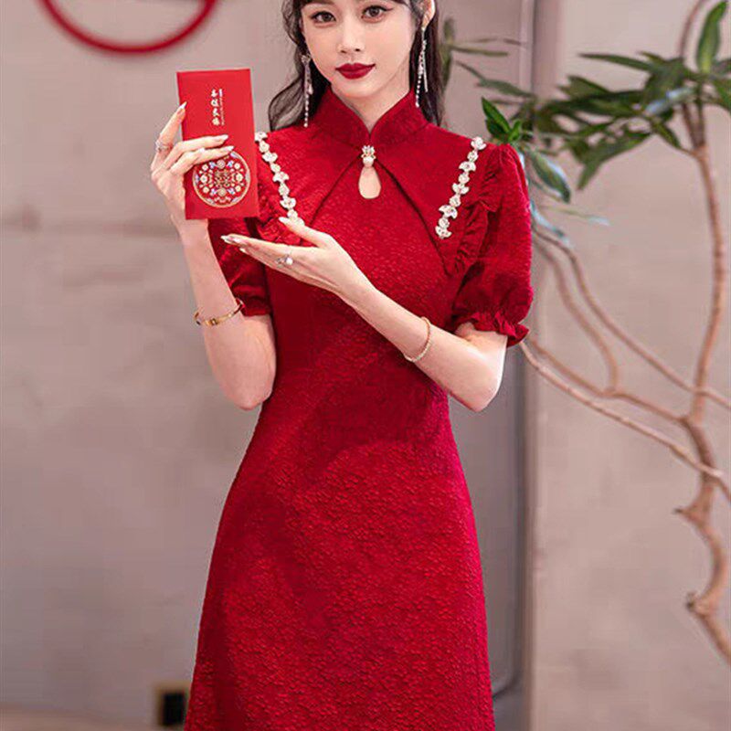速发婚服红天新娘便装订婚小礼礼平时可穿裙子高级感敬酒服当色连