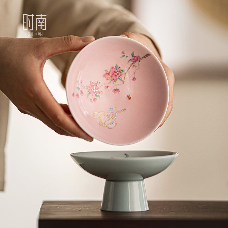 速发中式玉兔高脚盘陶瓷秋中月点盘商用茶饼盘精致点心糕点盘子