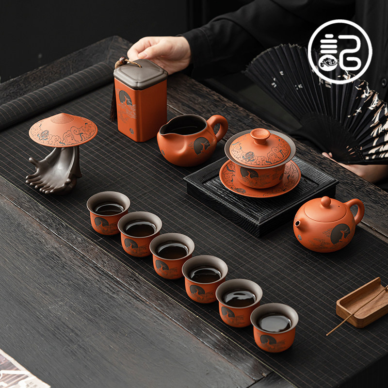 速发《精雕图案》紫砂茶家套故整套具用高端西施壶盖碗装宫