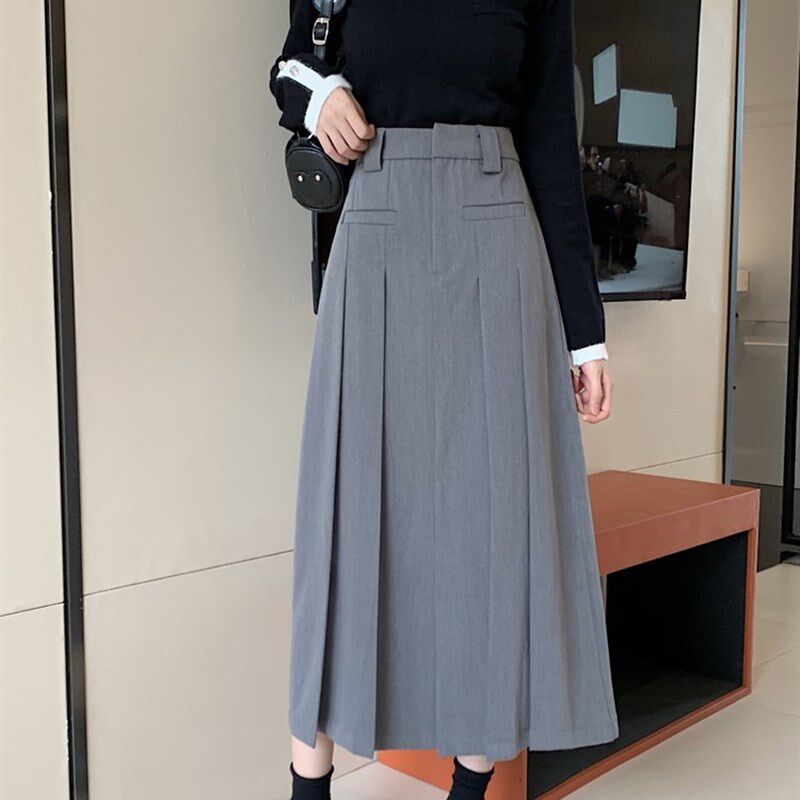 速发大码a褶裙垂感半身裙秋冬灰色中长款百字裙胖妹妹开叉长裙