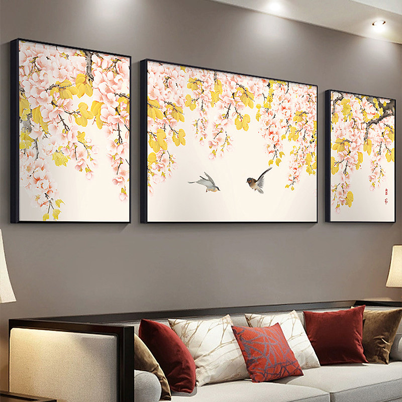 速发新中式三联金厅装饰画客色花发沙卉背景墙壁挂画简约轻奢艺术