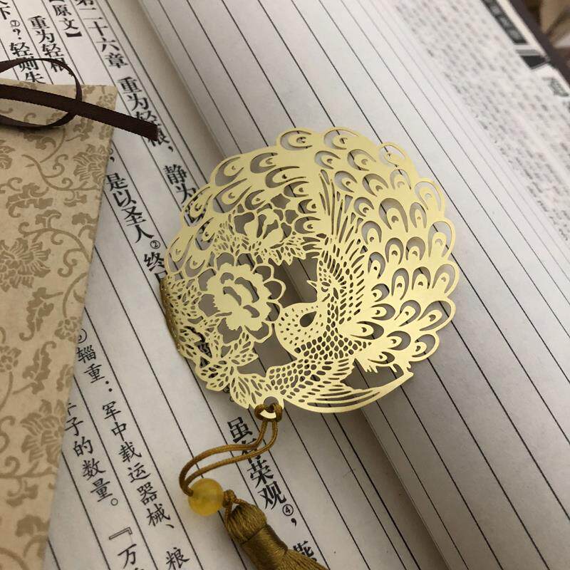 速发牡丹金孔雀书签中国风流苏古典黄铜创意镂空金属文艺古风礼品