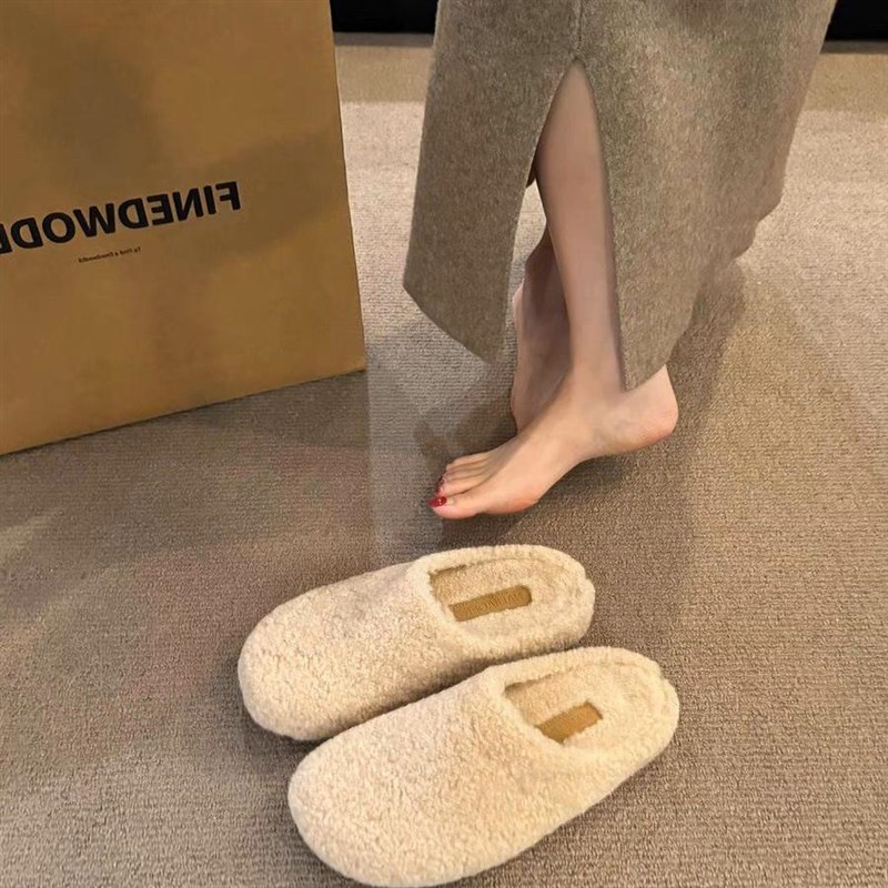 小众红色毛毛鞋拖k鞋女鞋子外穿新款秋冬季复古加绒棉鞋包头半拖