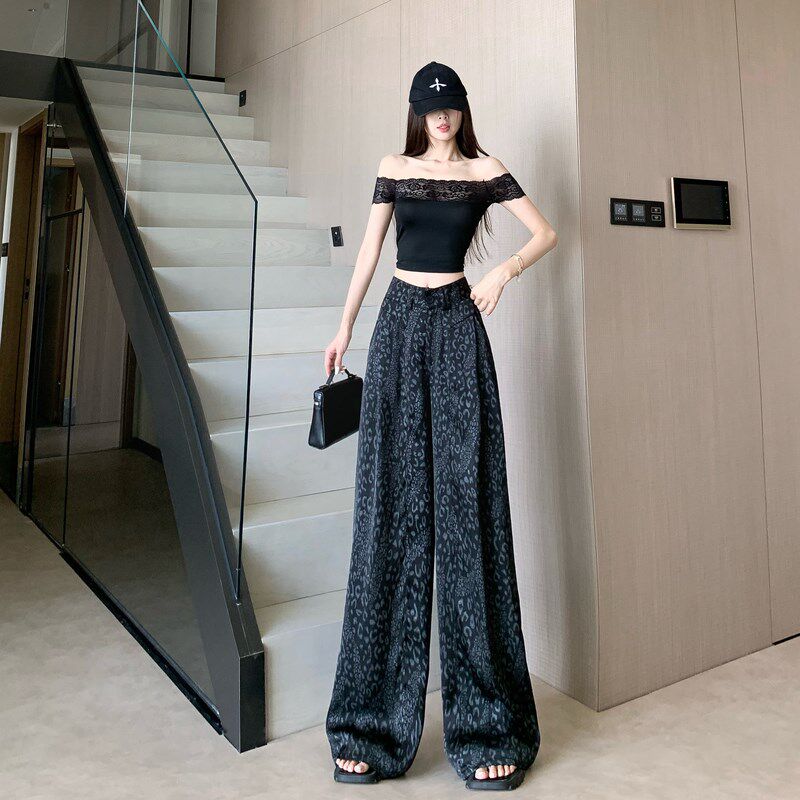 新品美式咖色豹纹阔m腿西装裤女夏季设计感高腰休闲裤垂坠感拖地