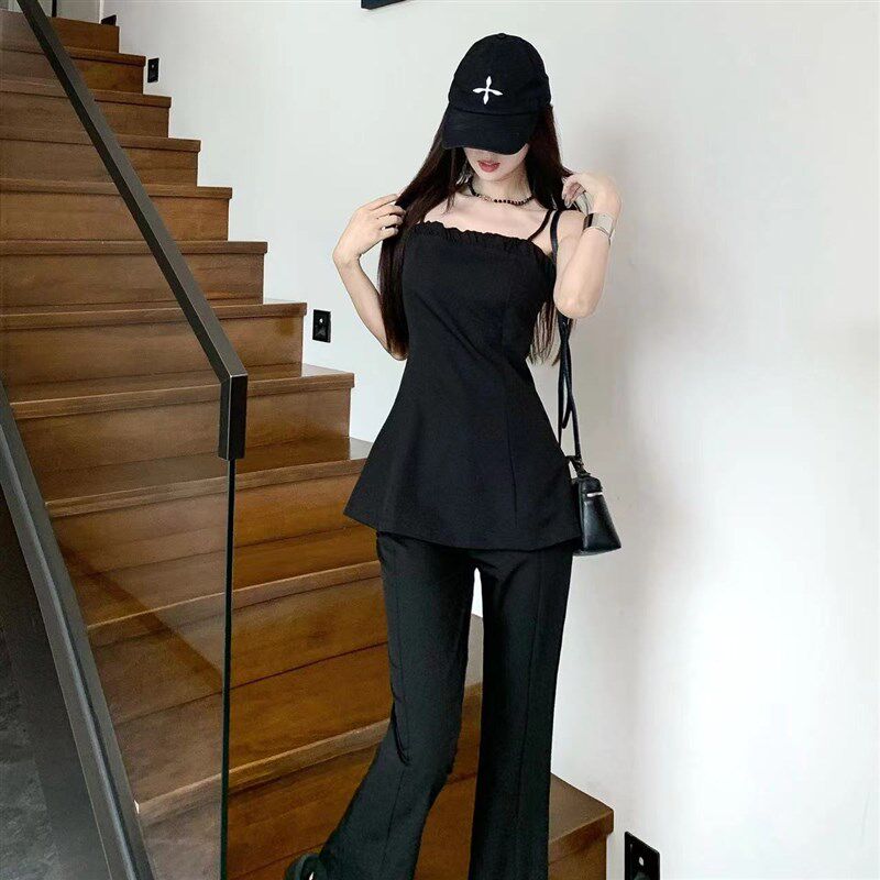 新品黑色休闲套装女夏季一整套时尚减龄吊带上P衣修身开叉微喇裤