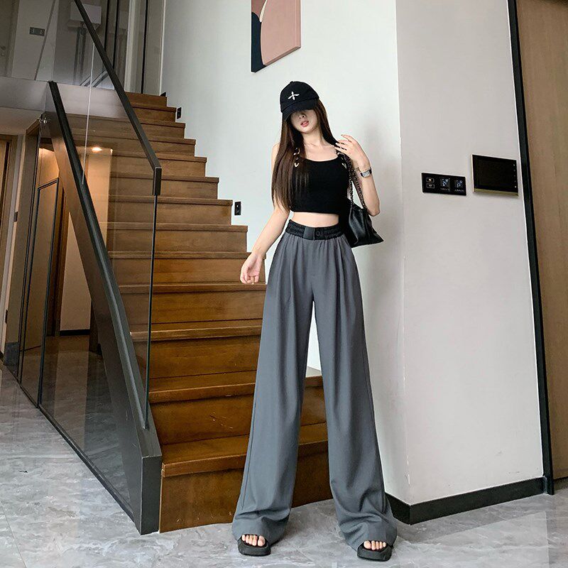 新品灰色西装裤子女宽松直筒20A25春夏新款拼接高腰阔腿裤垂感拖