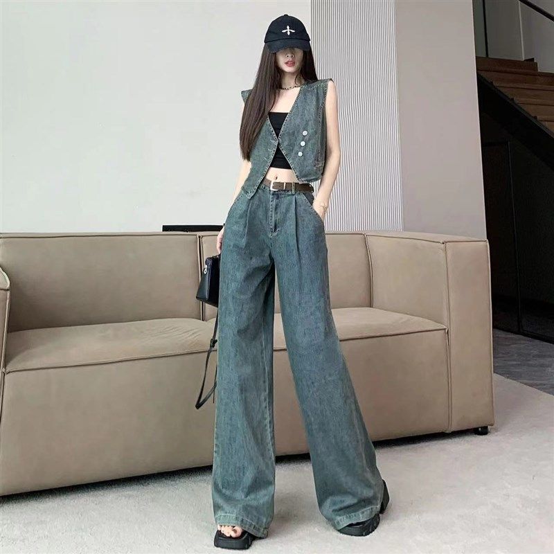 新品港味复古f牛仔套装女夏装搭配一整套时尚无袖马甲上衣阔腿裤