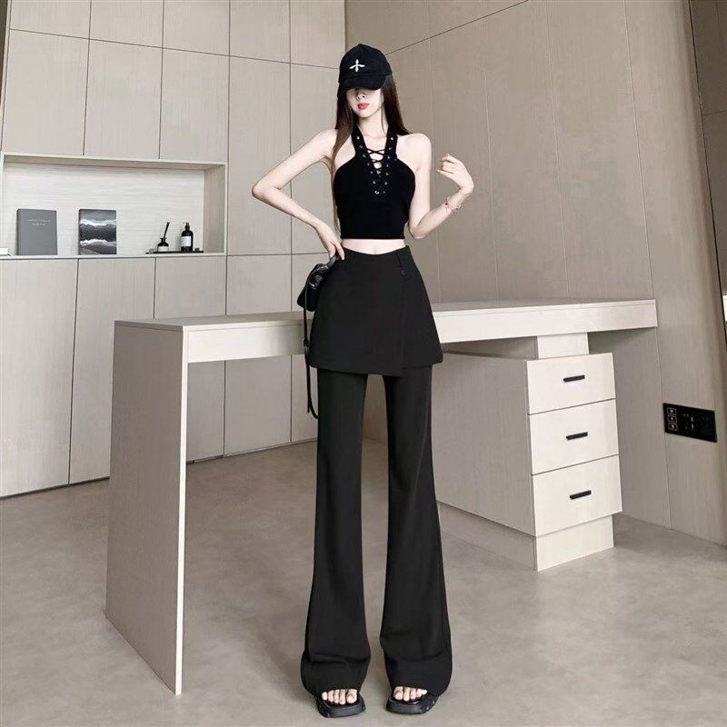 新品时尚假两件微喇西装裤女夏季薄款设计感屁帘高腰Y裤裙垂感拖