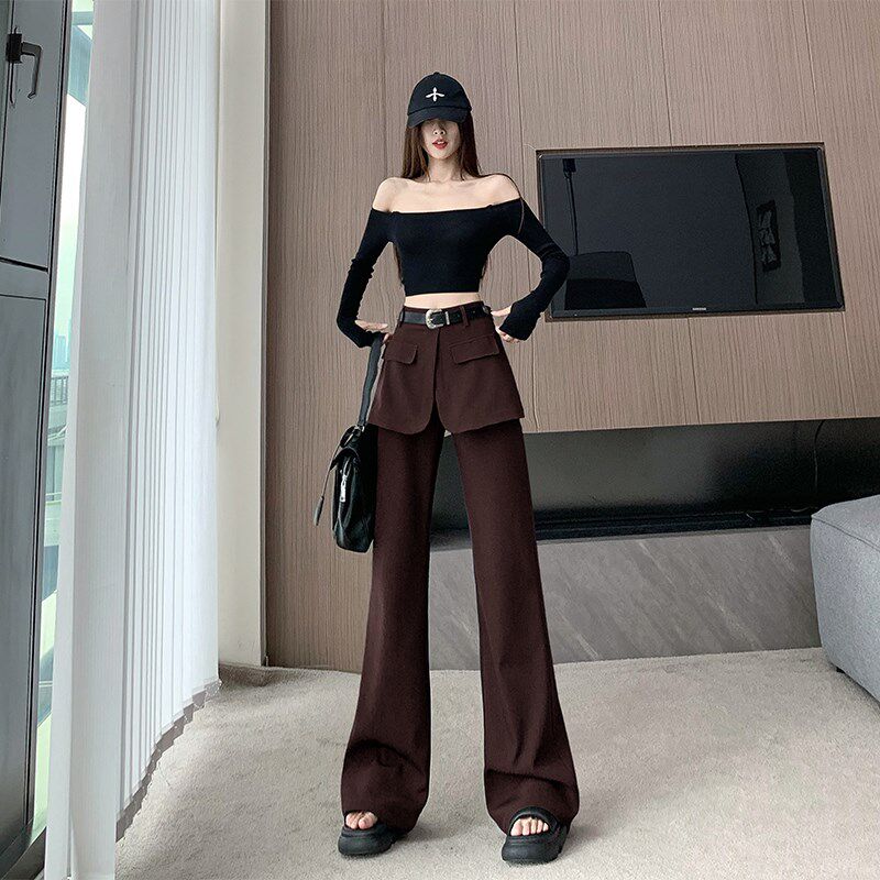 新品灰色微喇西装裤子女春u季高腰显瘦设计感时尚假两件裙裤垂感