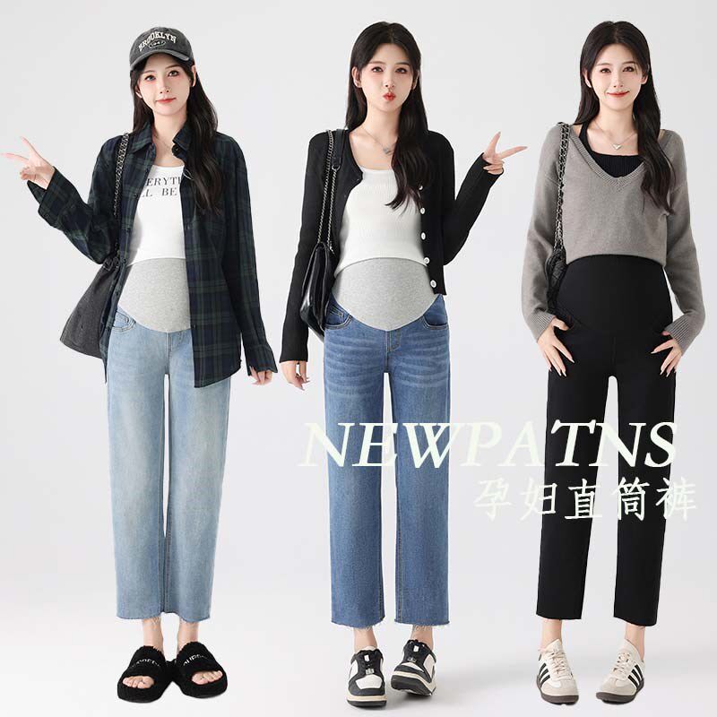 新品孕妇裤子女牛仔九分裤孕妇装春装高腰托腹裤休U闲烟管怀孕期