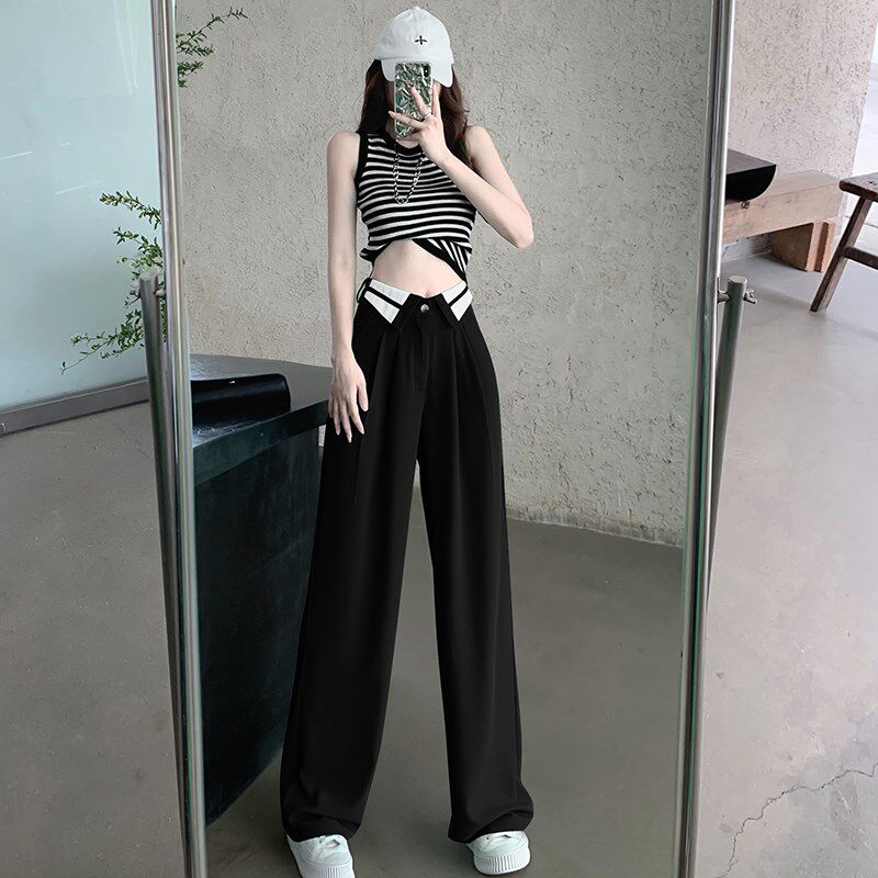 新品时尚翻边阔腿西装裤女夏季薄款170加长粉色辣妹设Z计感别致拖