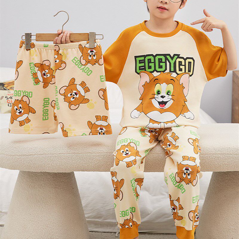 新品男童睡衣春秋季纯棉短袖长裤B三件套儿童男孩中大童卡通可爱