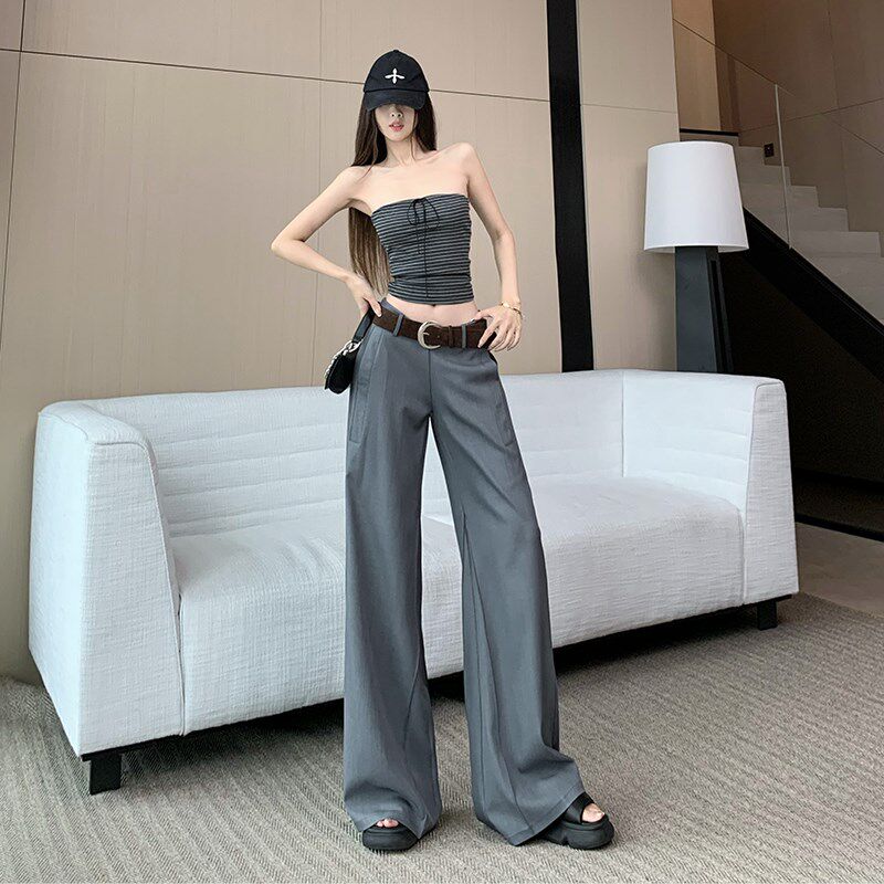 新品灰色西装裤h子女夏季设计感美式低腰阔腿裤垂坠感百搭拖地直