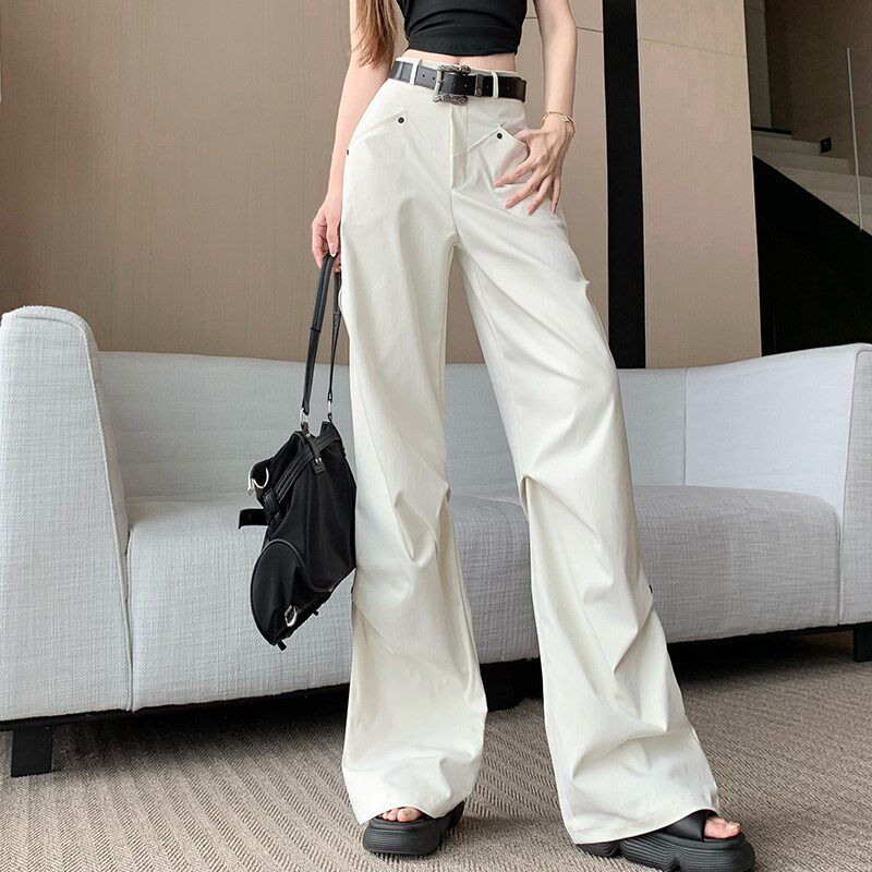 新品美式高街酷飒风白色工装x裤女春夏高腰垂感宽松褶皱直筒阔腿