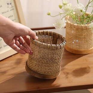 新品复古藤编收纳筐笔筒家用放梳子的收纳K筒餐桌台面杂物收纳网