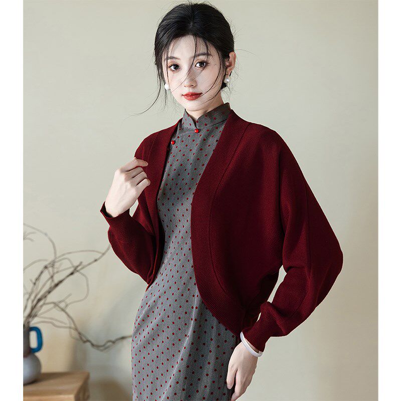 新品旗袍红色针织披肩开衫v外搭女中国风高端复古气质订婚日常旅