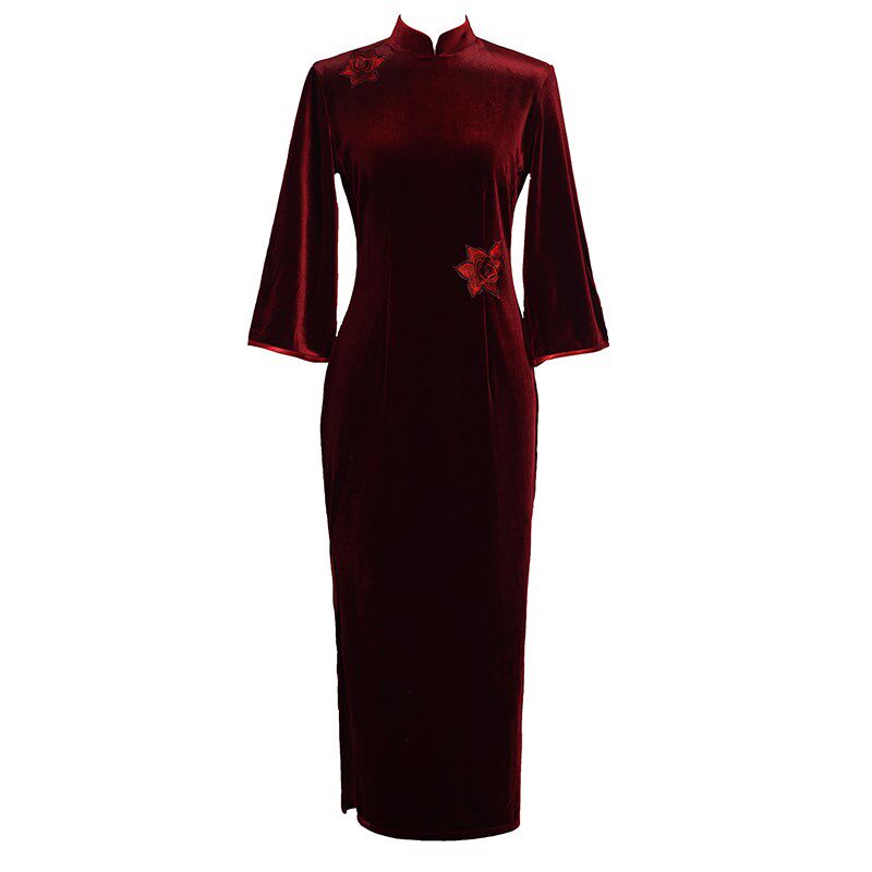 新品新中式红色旗袍o女中国风金丝绒花朵高端优雅大气订婚日常走