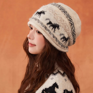 高级保暖感堆堆帽女羊绒针织提花护耳冷帽 设计联名款 LVURT 法国