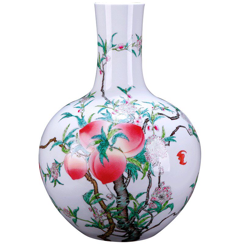 新品景德b镇陶瓷仿古手绘粉彩九桃天球落地大花瓶中式客厅装饰摆