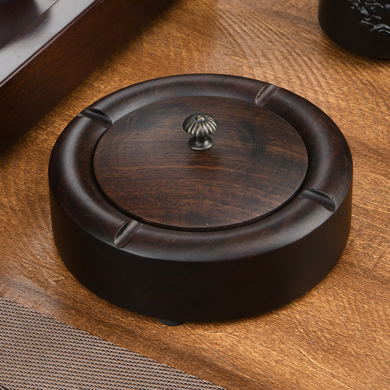 极速黑檀木烟灰缸中式实木t带盖大号个性创意花梨木家用客厅定制