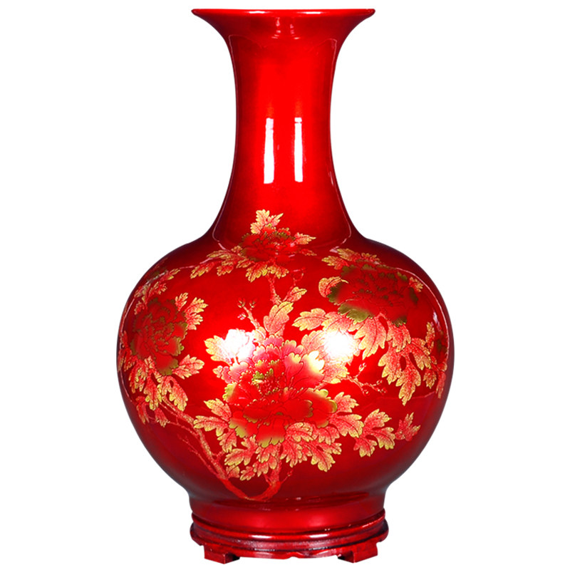 极速景德镇陶瓷器中国红色落地大B花瓶插花中式家居客厅装饰品摆