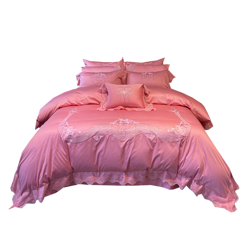 极速高端1c40支匹马棉四件套全棉粉色蕾丝花边刺绣被套纯棉婚庆床