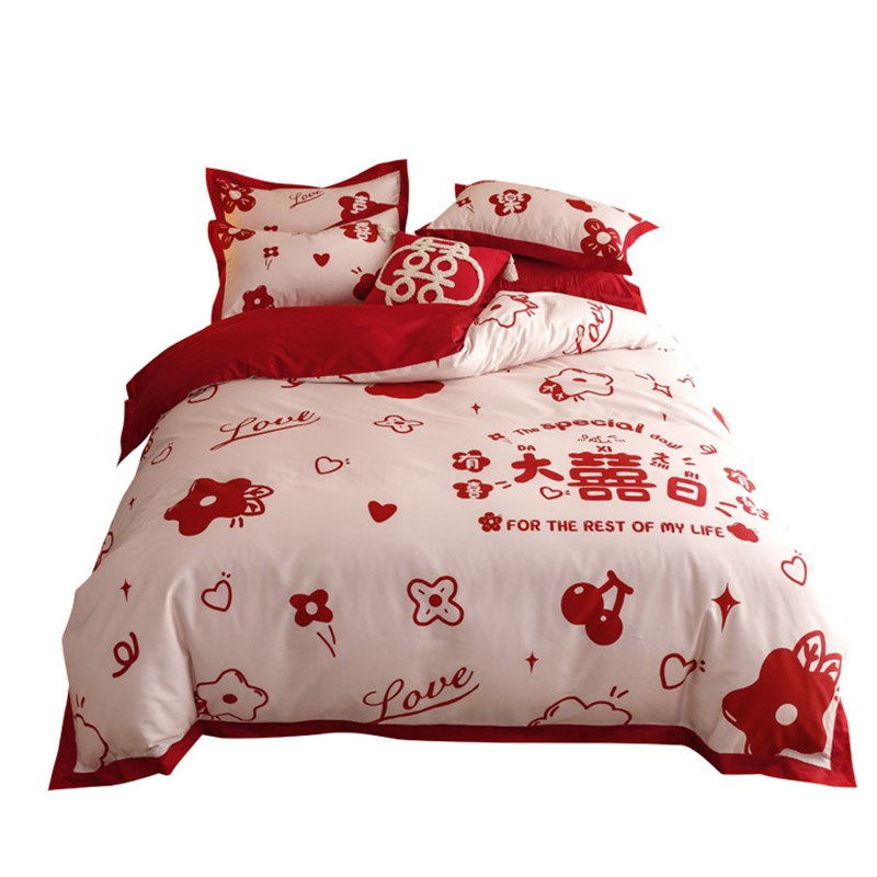 极速浪漫婚庆100支长绒棉四件z套数码印花结婚大红色被套床单床上