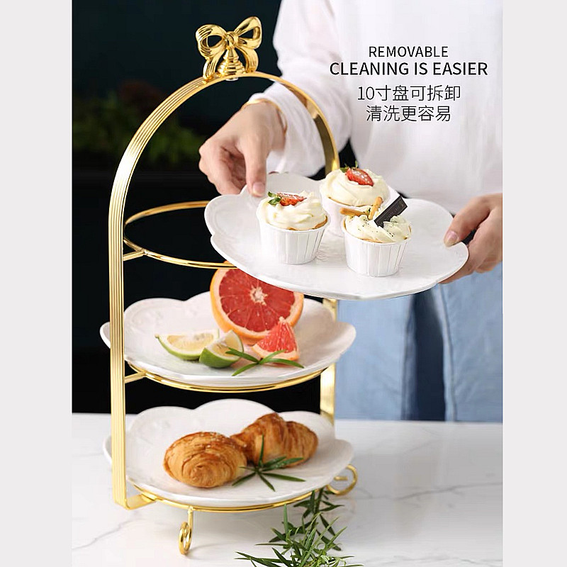 热销欧式多层甜品台蛋糕架下午茶点心盘金色三层S展示架冷餐茶歇