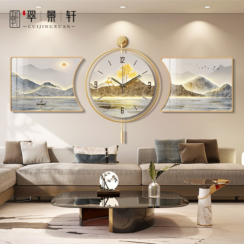 速发新中式山水画客财装饰厅流水生画沙发背景墙挂画带钟表级三联