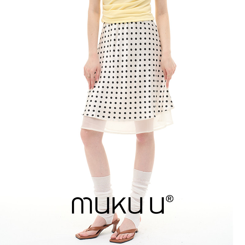 muku u黑白波点半身裙法式半身裙