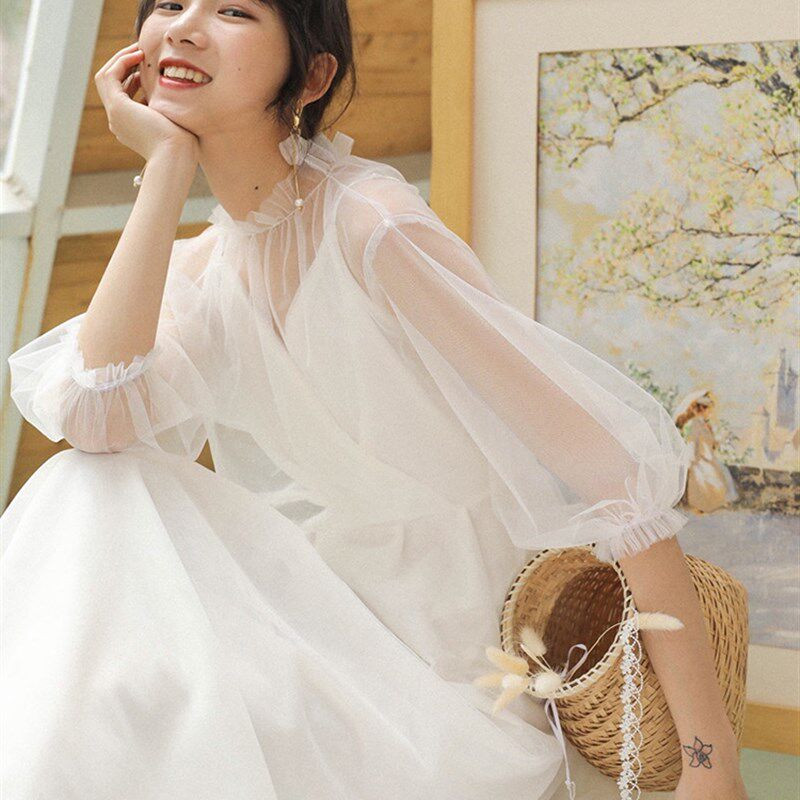 速发法式在逃公主轻衣裙夏白色伴娘服小系连婚纱裙小礼服领证森白