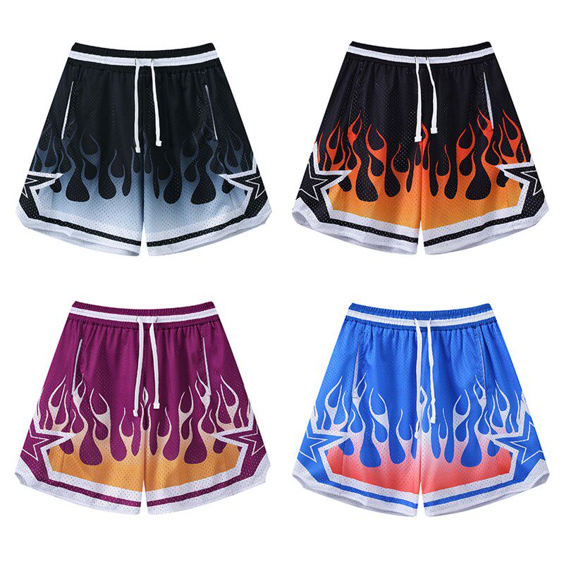 速发火焰美式运动短裤裤球裤篮分四不过膝双层带内衬网眼速干健身