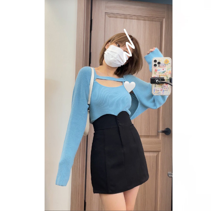 速发大码装春款纯欲感计设针织罩衫两衣半身裙辣妹上件套装