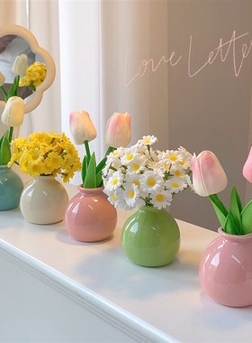 速发桌面摆件插花假花装饰轻奢高小感级瓶陶瓷花众办公室玄关客厅