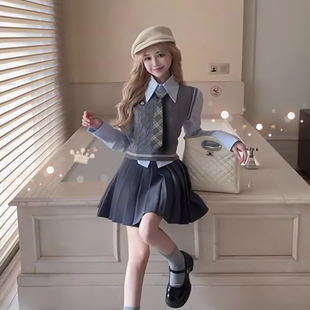 速发jk子服套装叠穿马甲春秋学款风小个制短院灰色毛衣针织背心