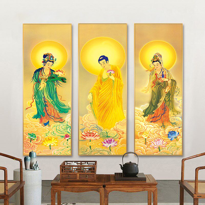 速发西方三圣弥画中堂佛像观世音菩萨阿挂陀佛家奉供用神像装饰画