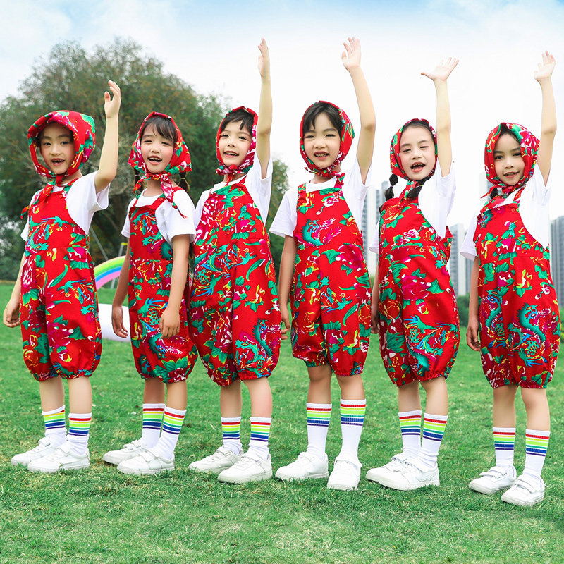 速发儿童啦演队啦出服装东北大花背带裤小学毕运动会班服幼儿园生