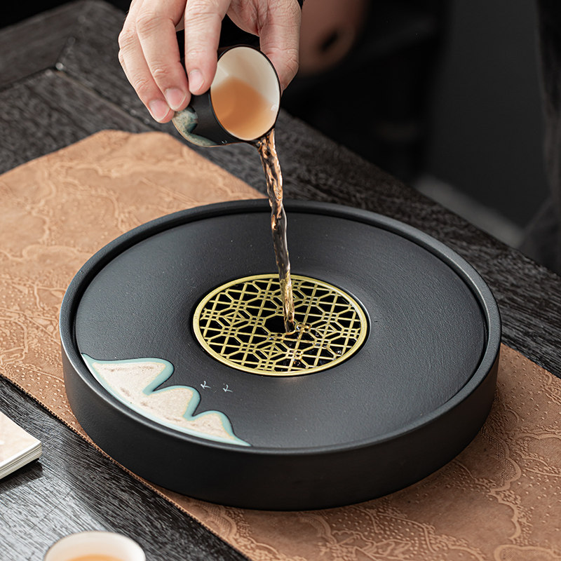 速发黑陶茶盘高端圆形托盘家用功夫大具复古陶瓷储水茶容量干
