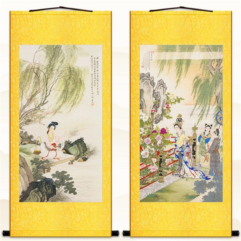 速发西施浣纱图 贵妃赏花香古亭人物卷轴挂画 复沉书房绢布丝绸装