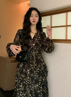速发任小艺别致款本装黑色碎花洋风春秋202新赫V领高腰遮胯长裙