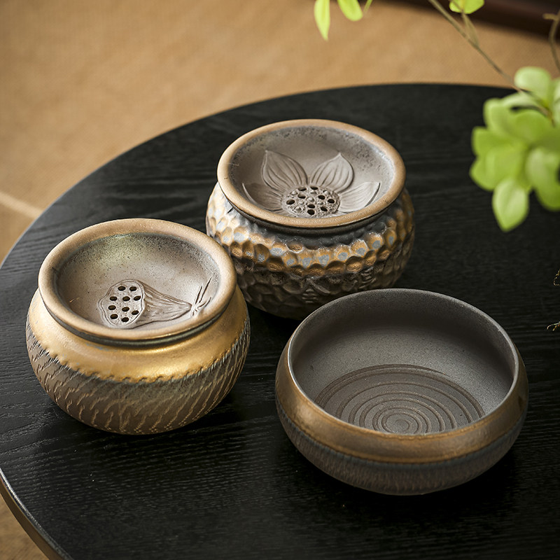速发复古鎏金莲蓬建水 中渣小茶式窑缸变锤纹铁锈釉废茶水桶陶瓷