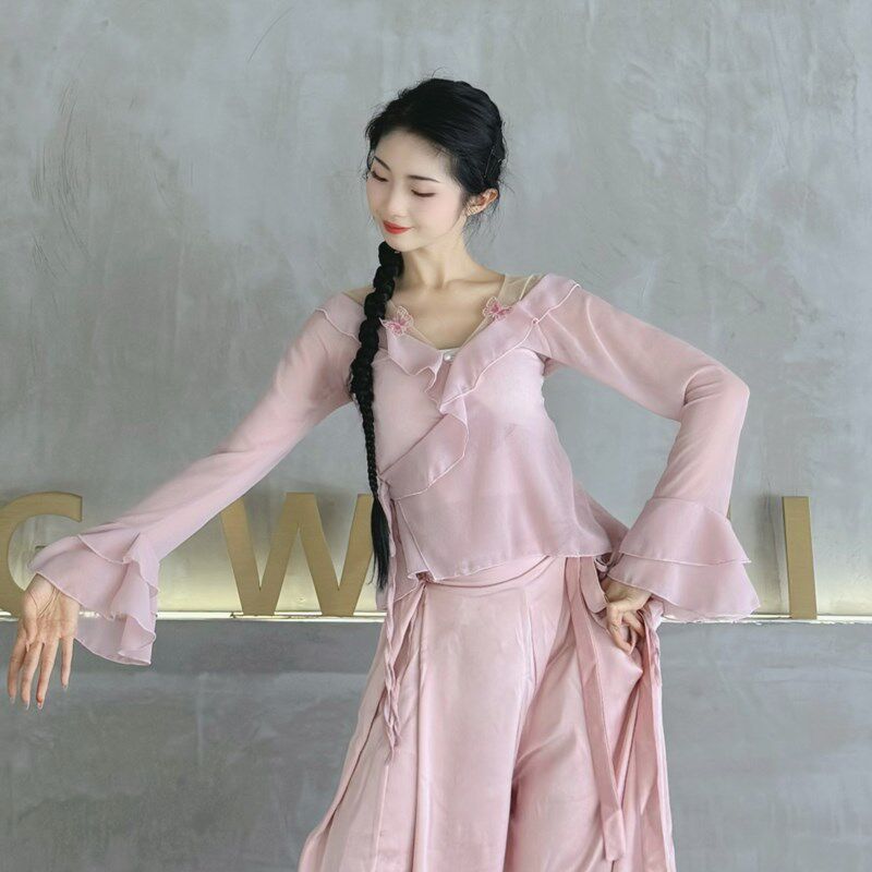速发古典舞练功服夏飘蝶纱衣仙气飘蝴舞蹈服荷边叶袖衫舞