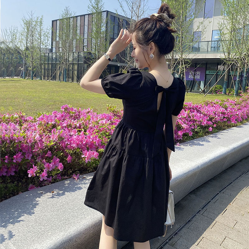 速发小个子黑色连衣裙短夏款季新款法式方蝶赫本风小黑裙蝴领结裙