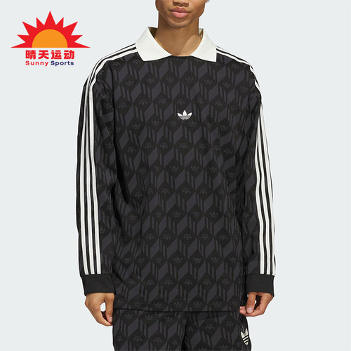 Adidas/阿迪达斯正品三叶草男女同款印花复古翻领长袖T恤JD5196
