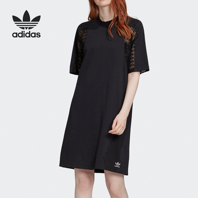 Adidas/阿迪达斯正品女子时尚透气蕾丝休闲圆领短袖连衣裙FM1742