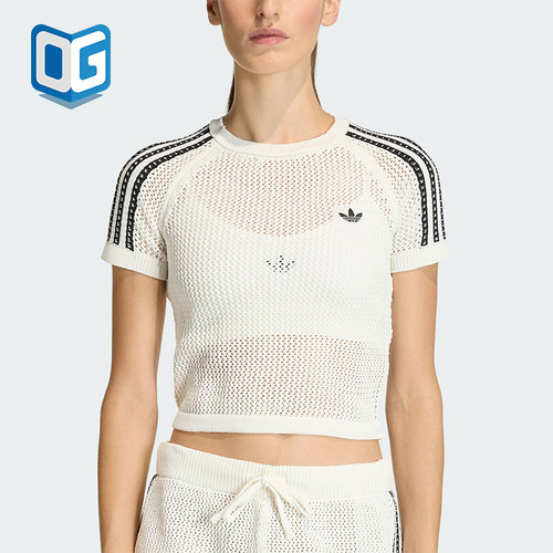 Adidas/阿迪达斯正品三叶草女士条纹针织镂空修身短款T恤KE0200