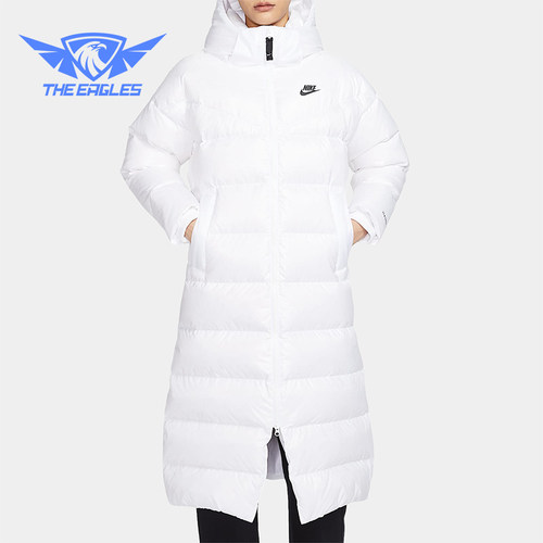 耐克女士简约长款连帽保暖羽绒服