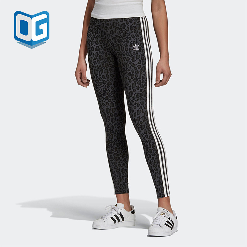 Adidas/阿迪达斯正品三叶草女士复古豹纹印花运动紧身长裤HB4769